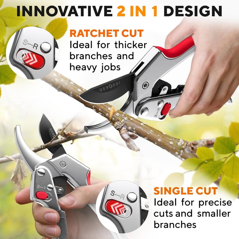GEROSSI Ratchet Pruning Shears for Gardening Heavy Duty - Increases Cutting Power 3x - Perfect Ratchet Pruners for Weak Hands & Arthritis - 8” Anvil Garden Clippers - Sharp Blade for Effortless Cutting - Red - Image 4
